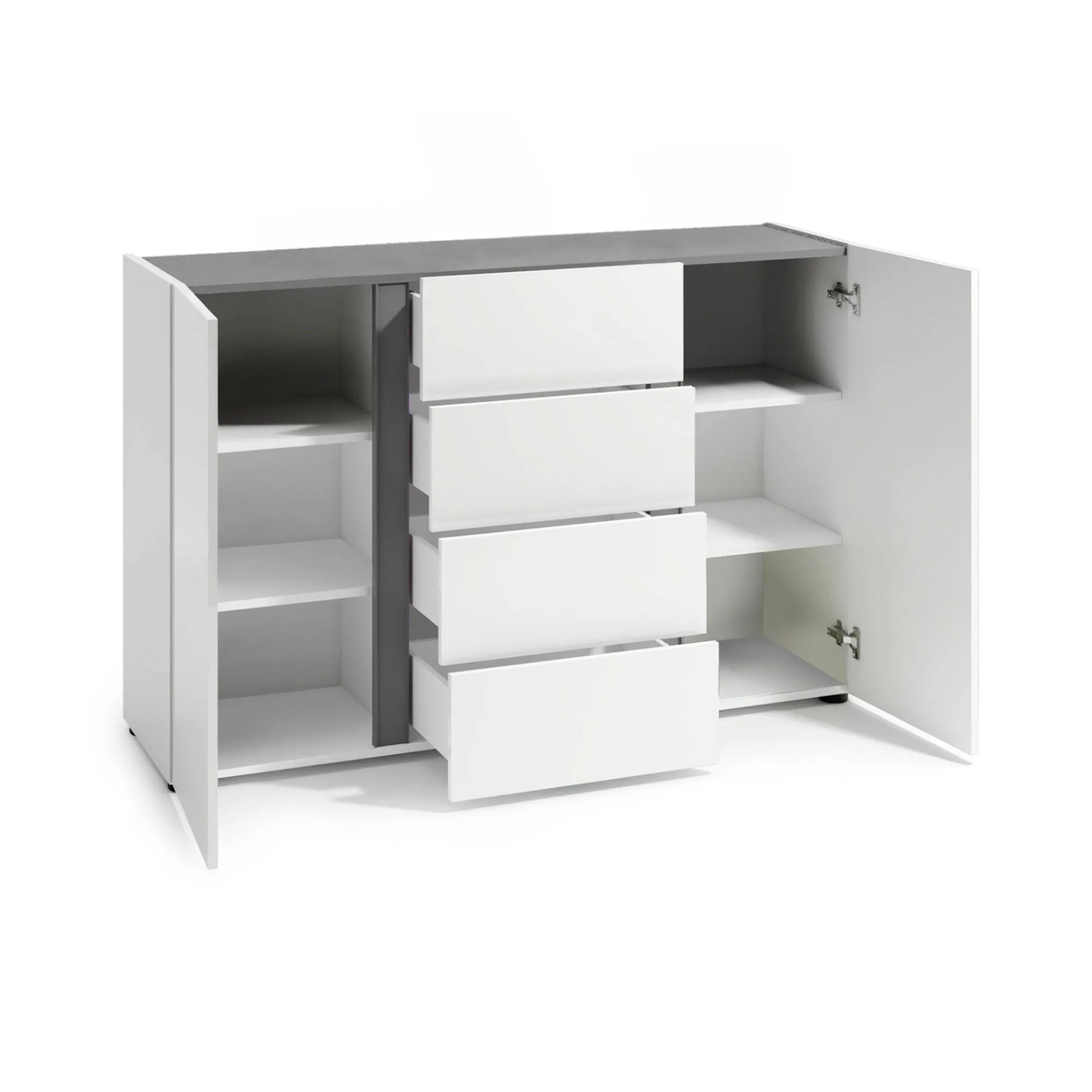 Credenza Ernesta, 140x38h92 cm, Bianco lucido e Antracite<Dmora Discount