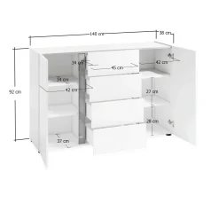 Credenza Ernesta, 140x38h92 cm, Bianco lucido e Antracite<Dmora Discount