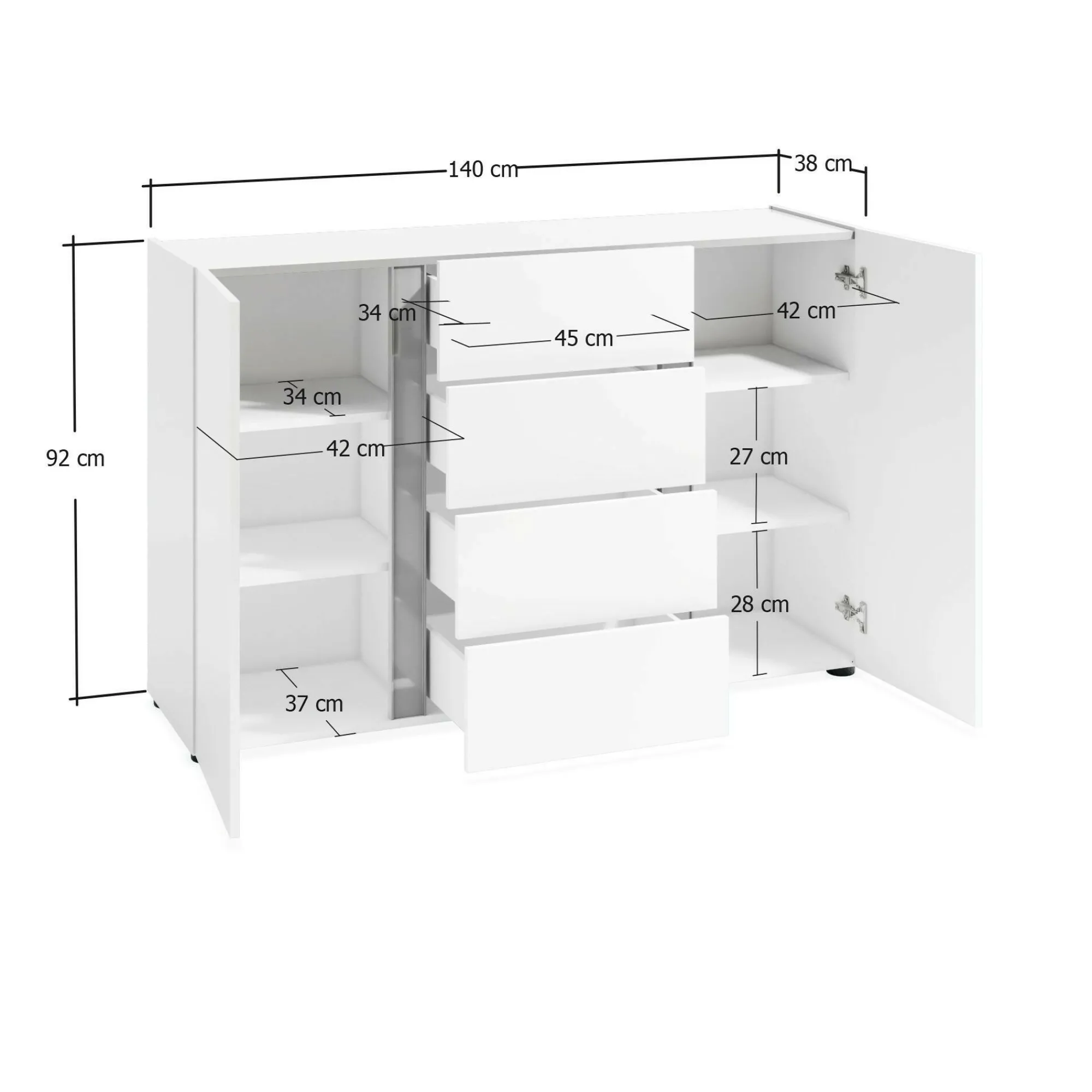 Credenza Ernesta, 140x38h92 cm, Bianco lucido e Antracite<Dmora Discount