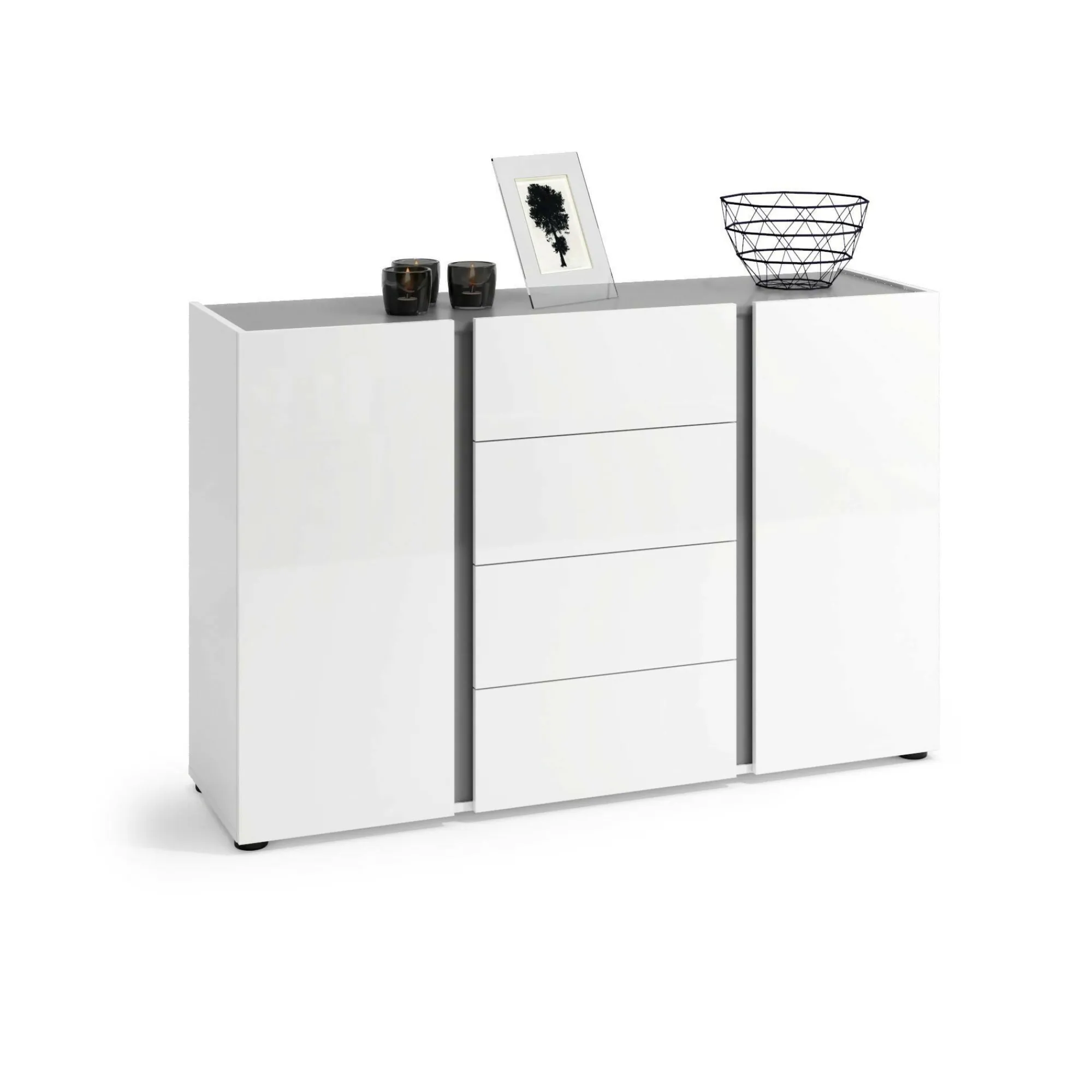 Credenza Ernesta, 140x38h92 cm, Bianco lucido e Antracite<Dmora Discount