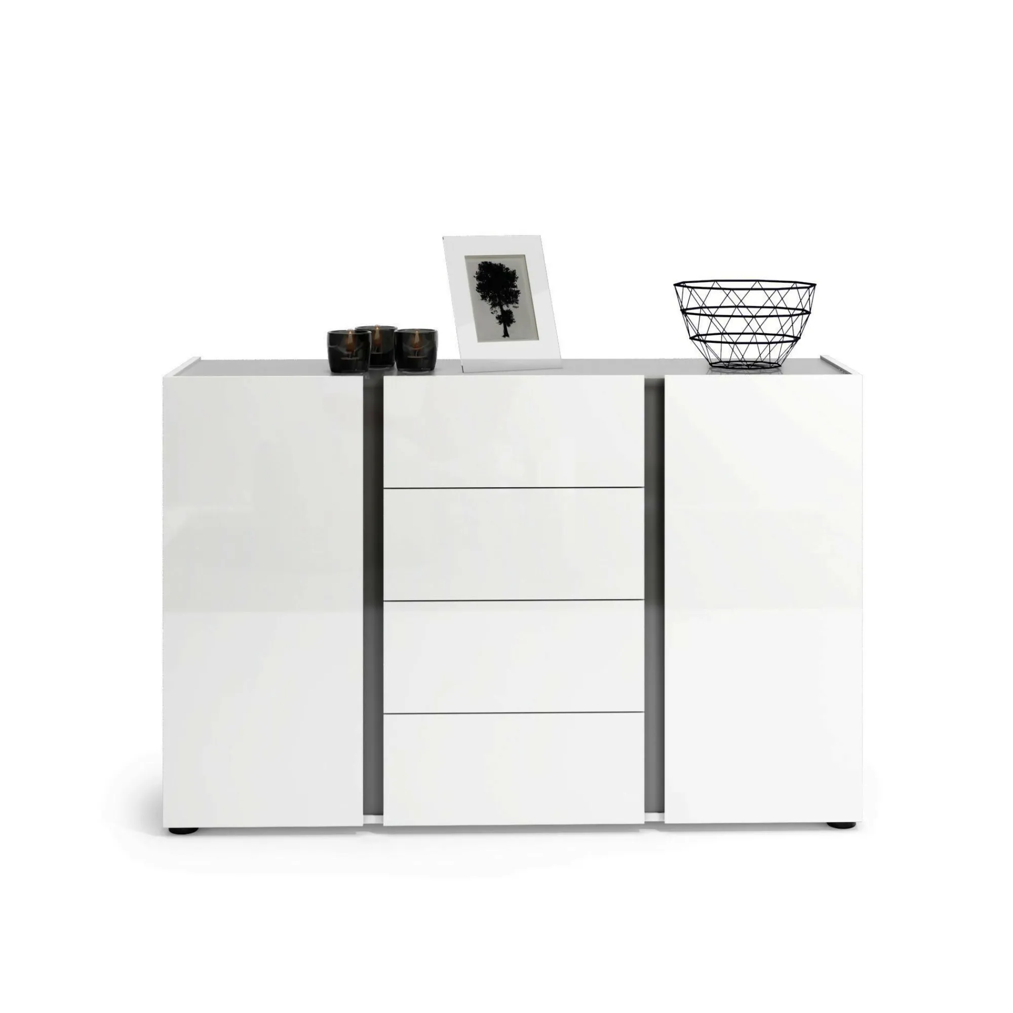 Credenza Ernesta, 140x38h92 cm, Bianco lucido e Antracite<Dmora Discount