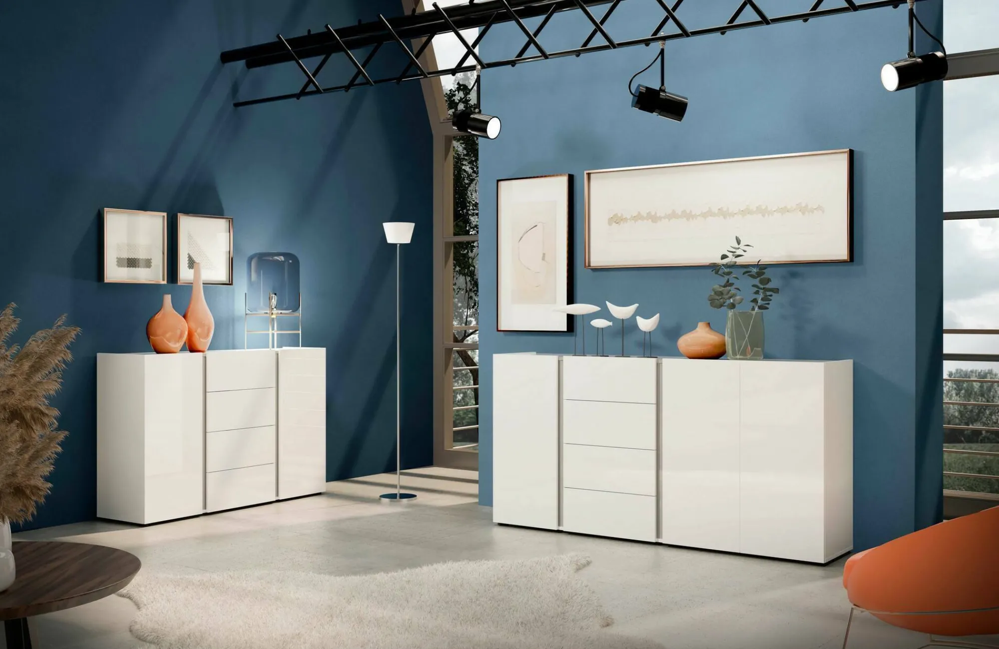 Credenza Ernesta, 140x38h92 cm, Bianco lucido e Antracite<Dmora Discount