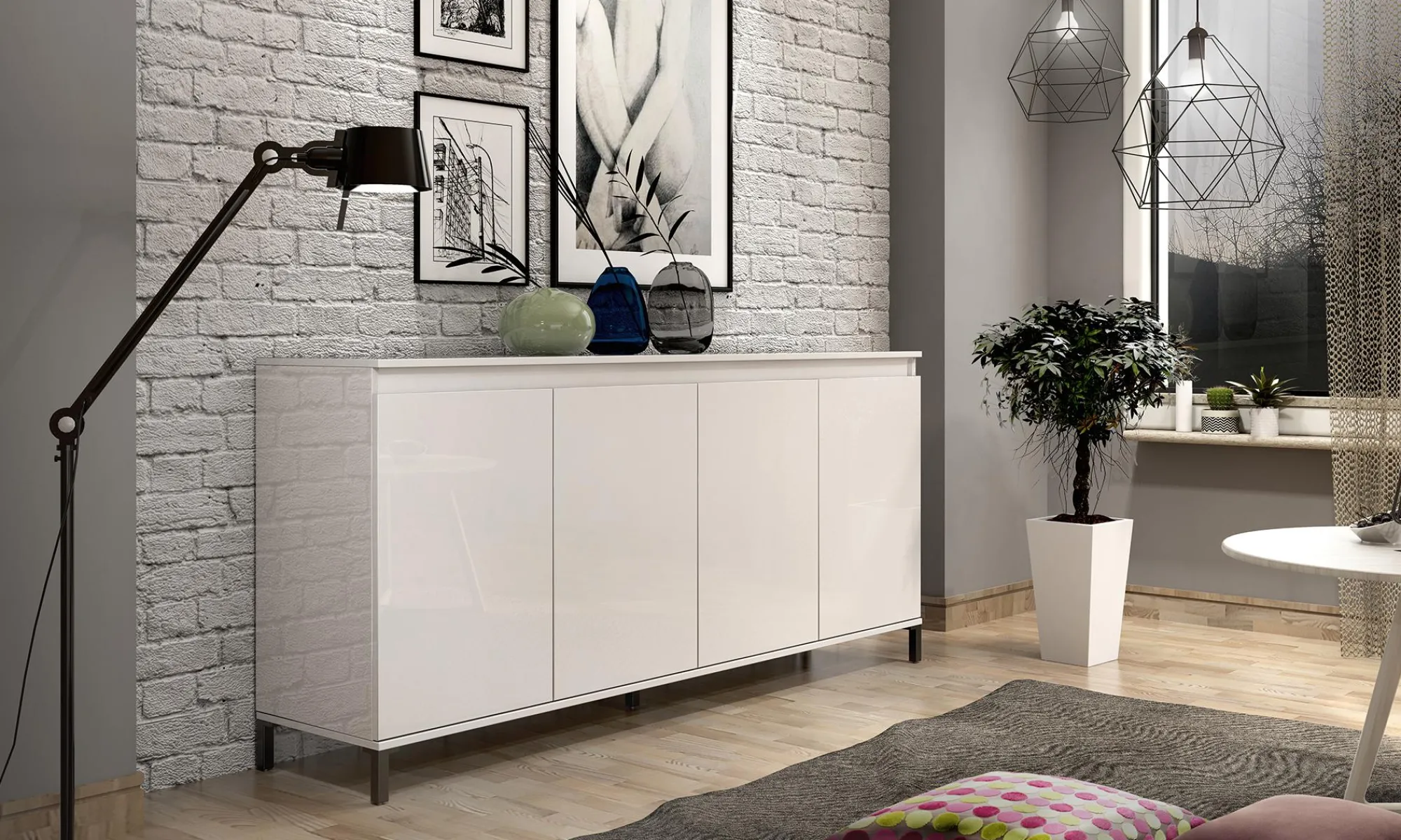 Credenza Filomena, 184x40h90 cm, Bianco lucido e Antracite<Dmora Clearance