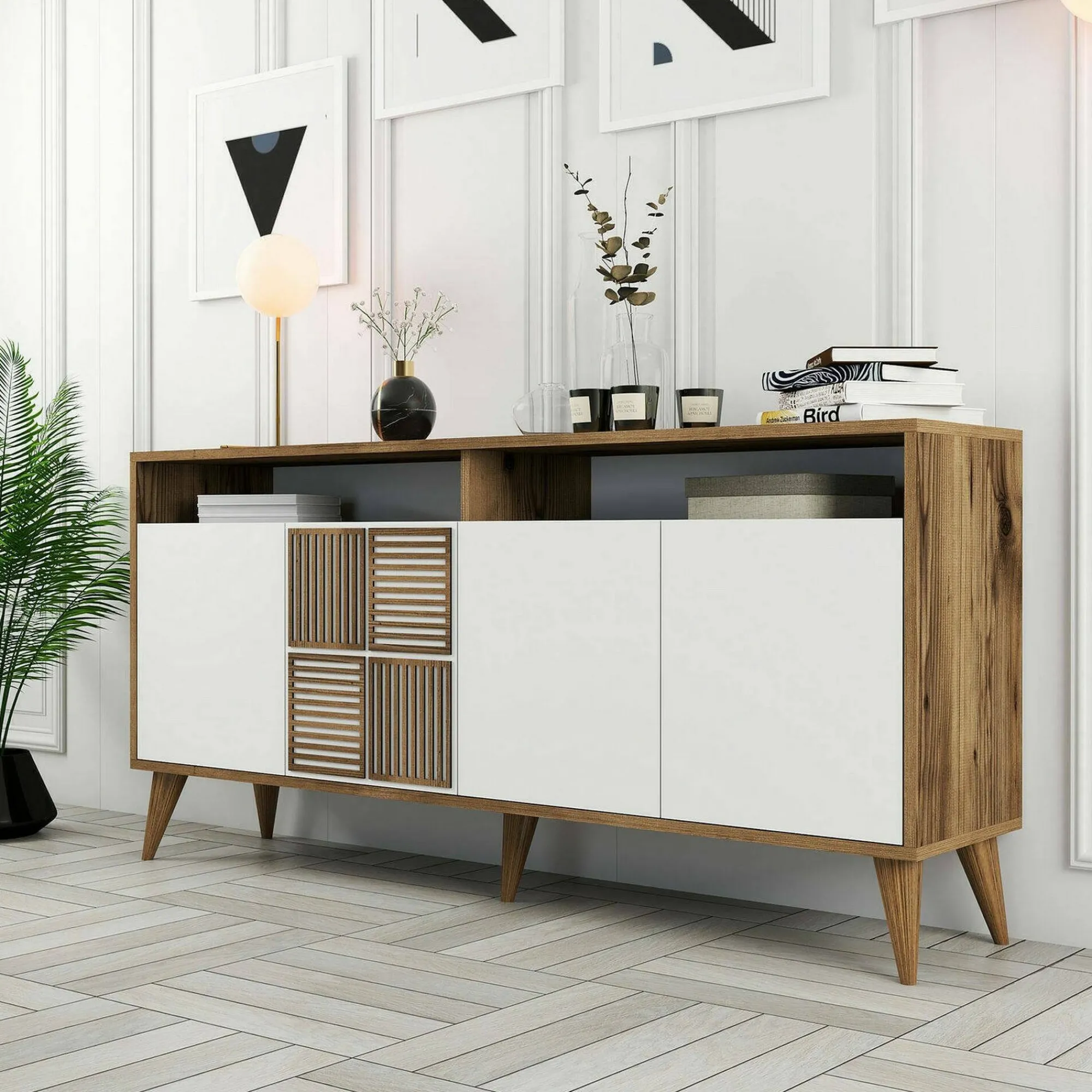 Credenza Garigliano, 160x35h79 cm, Noce e Bianco<Dmora Online