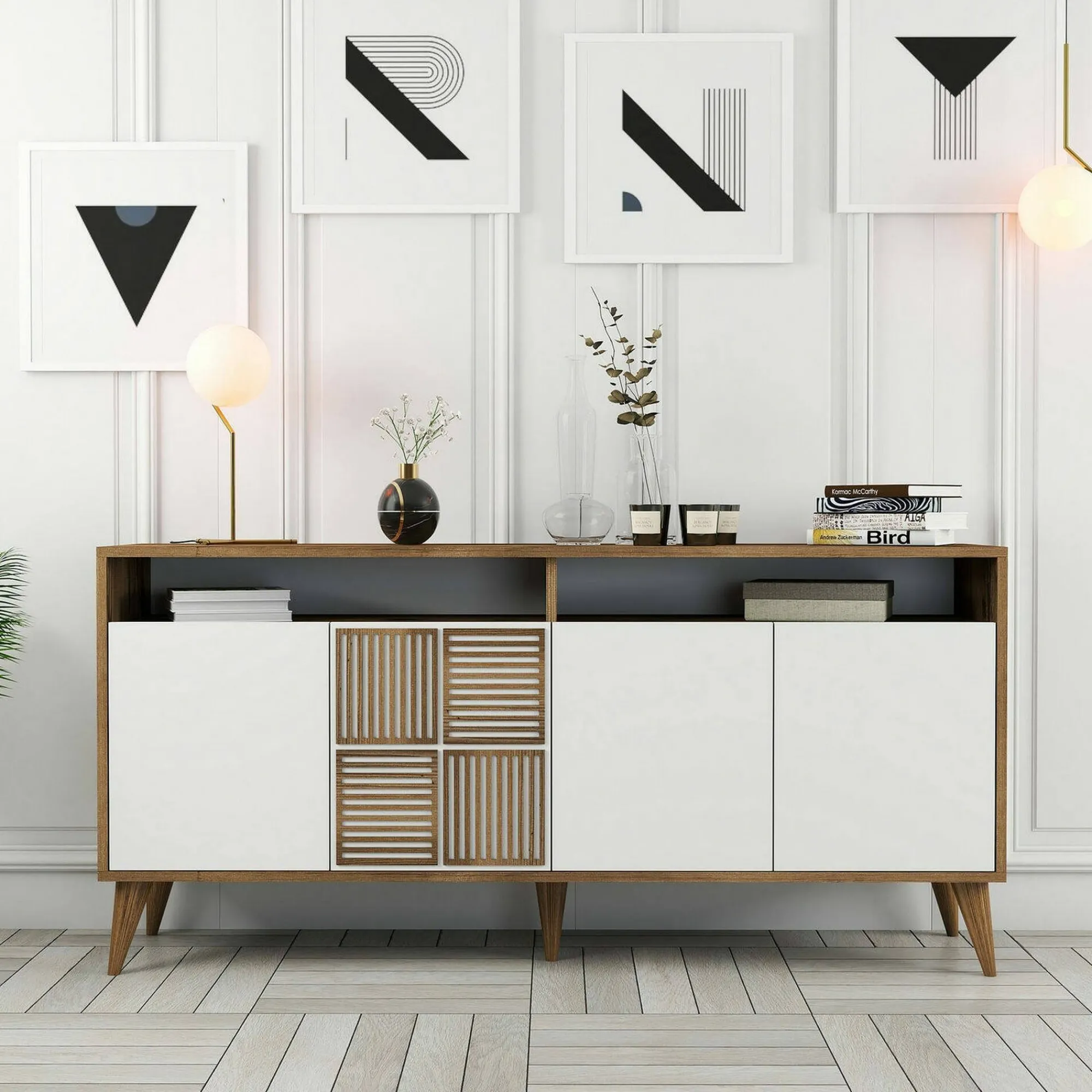 Credenza Garigliano, 160x35h79 cm, Noce e Bianco<Dmora Online