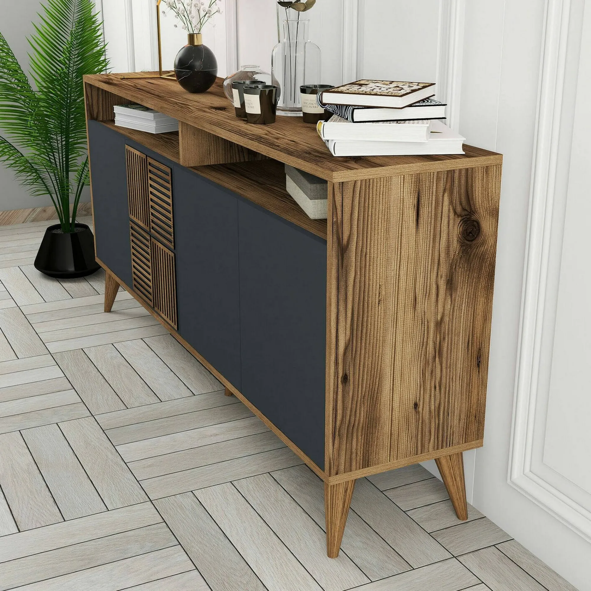 Credenza Garigliano, 160x35h79 cm, Noce e Antracite<Dmora Hot