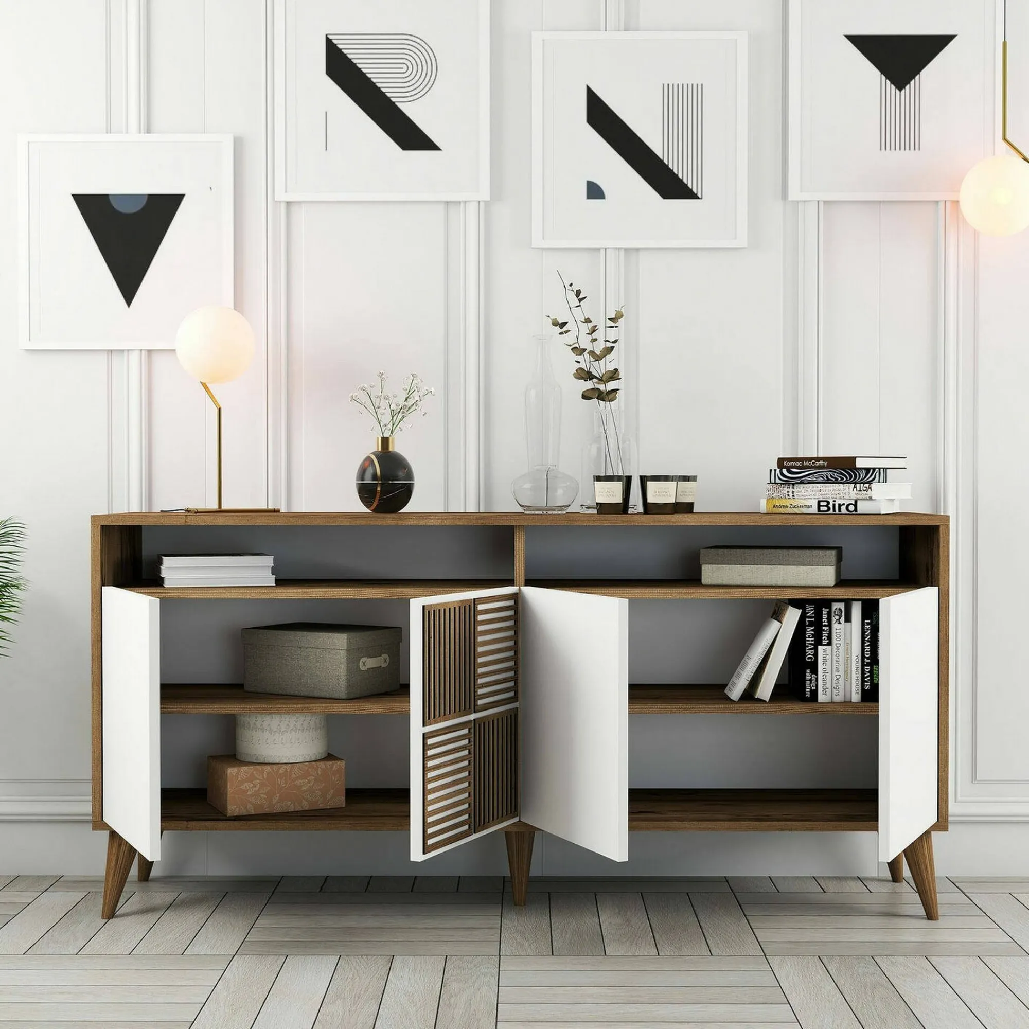 Credenza Garigliano, 160x35h79 cm, Noce e Bianco<Dmora Online