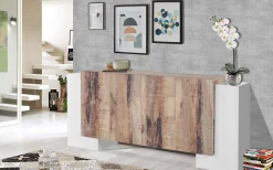 Credenza Hades, cm 210x45h85, Bianco lucido e Acero<Dmora Discount