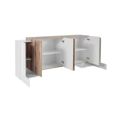 Credenza Hades, cm 210x45h85, Bianco lucido e Acero<Dmora Discount