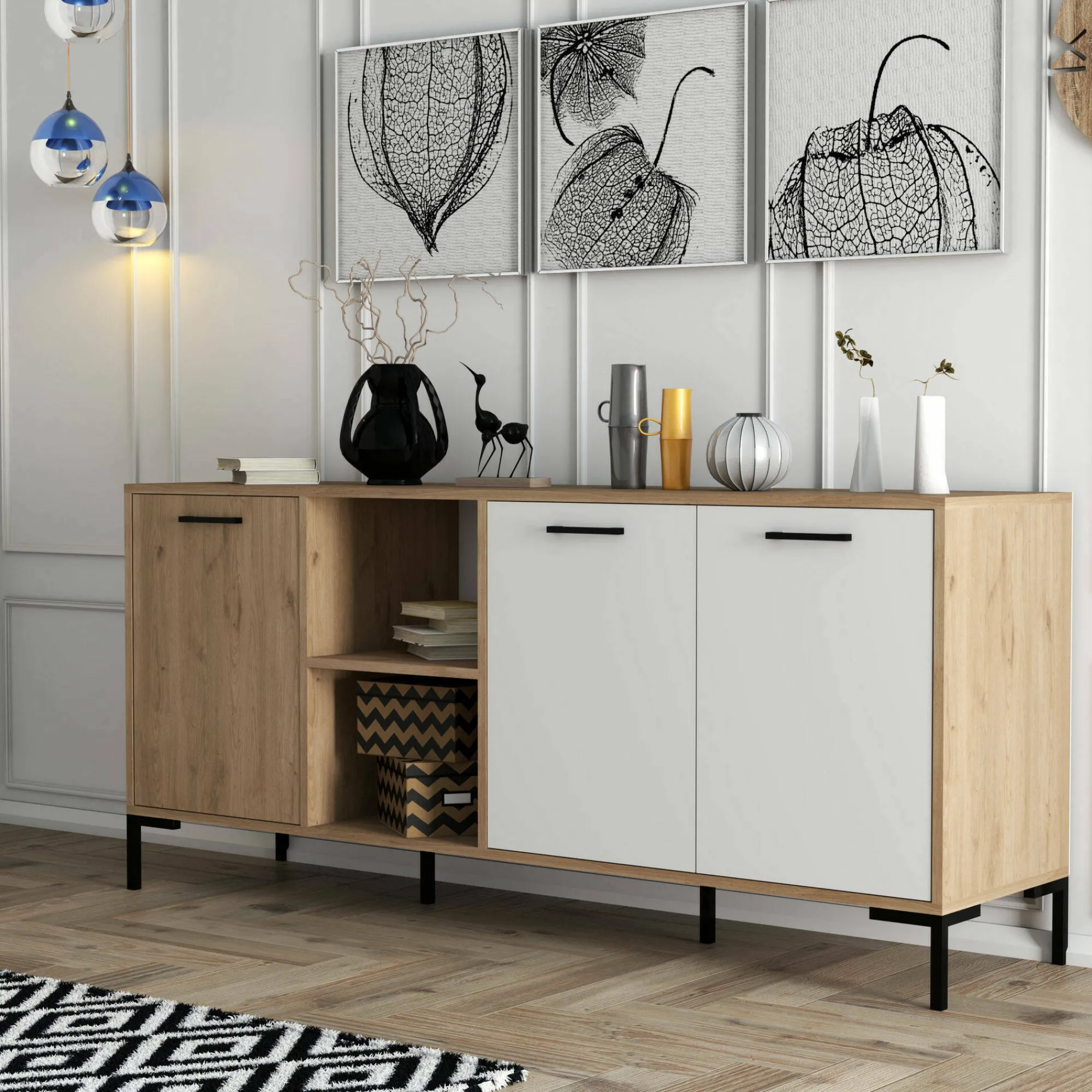 Credenza Hato, 180x45 h80 cm, Quercia e Bianco<Dmora Shop