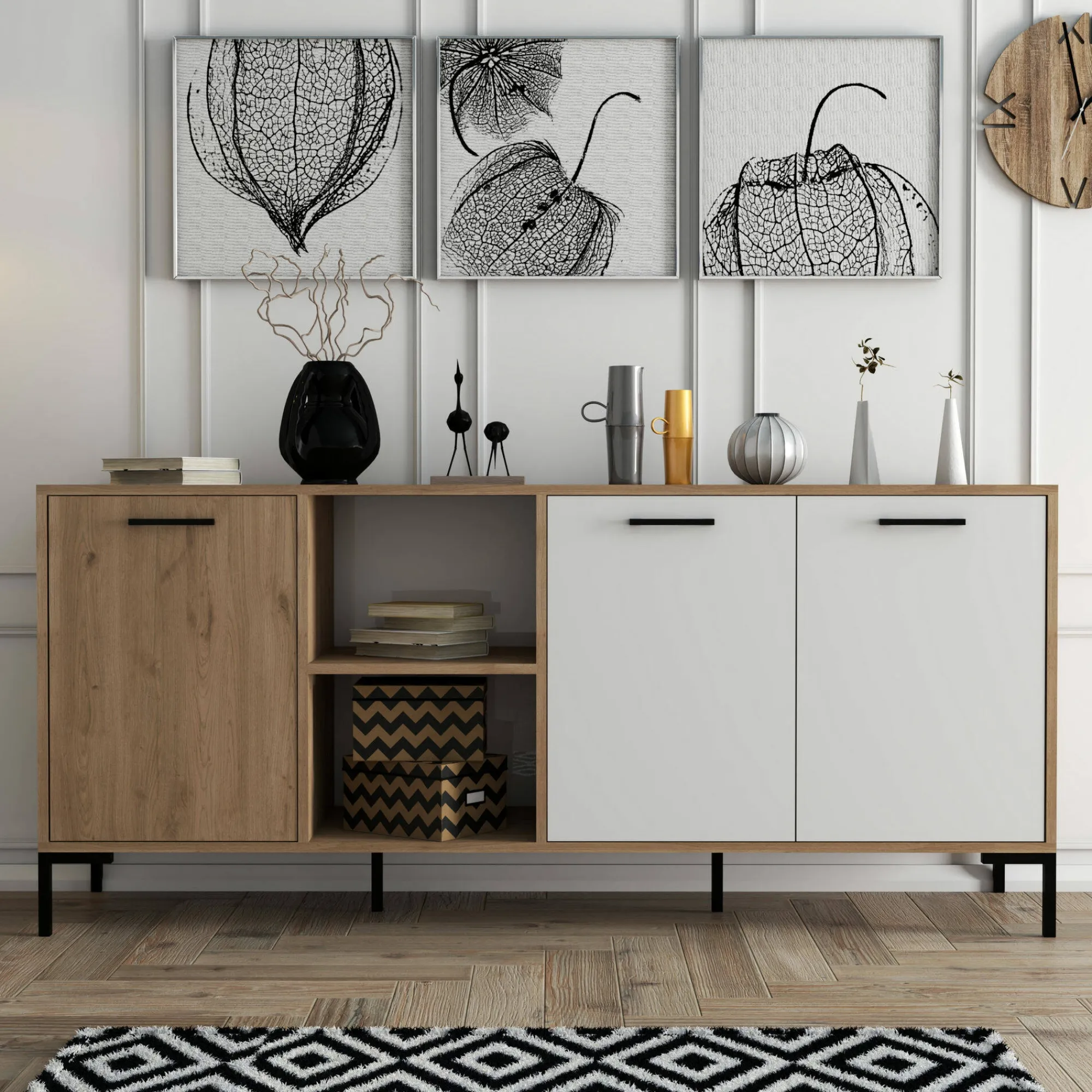 Credenza Hato, 180x45 h80 cm, Quercia e Bianco<Dmora Shop