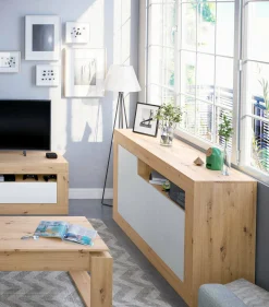 Credenza Ilizia, 144x42h87 cm, Rovere nodi e Bianco<Dmora Online
