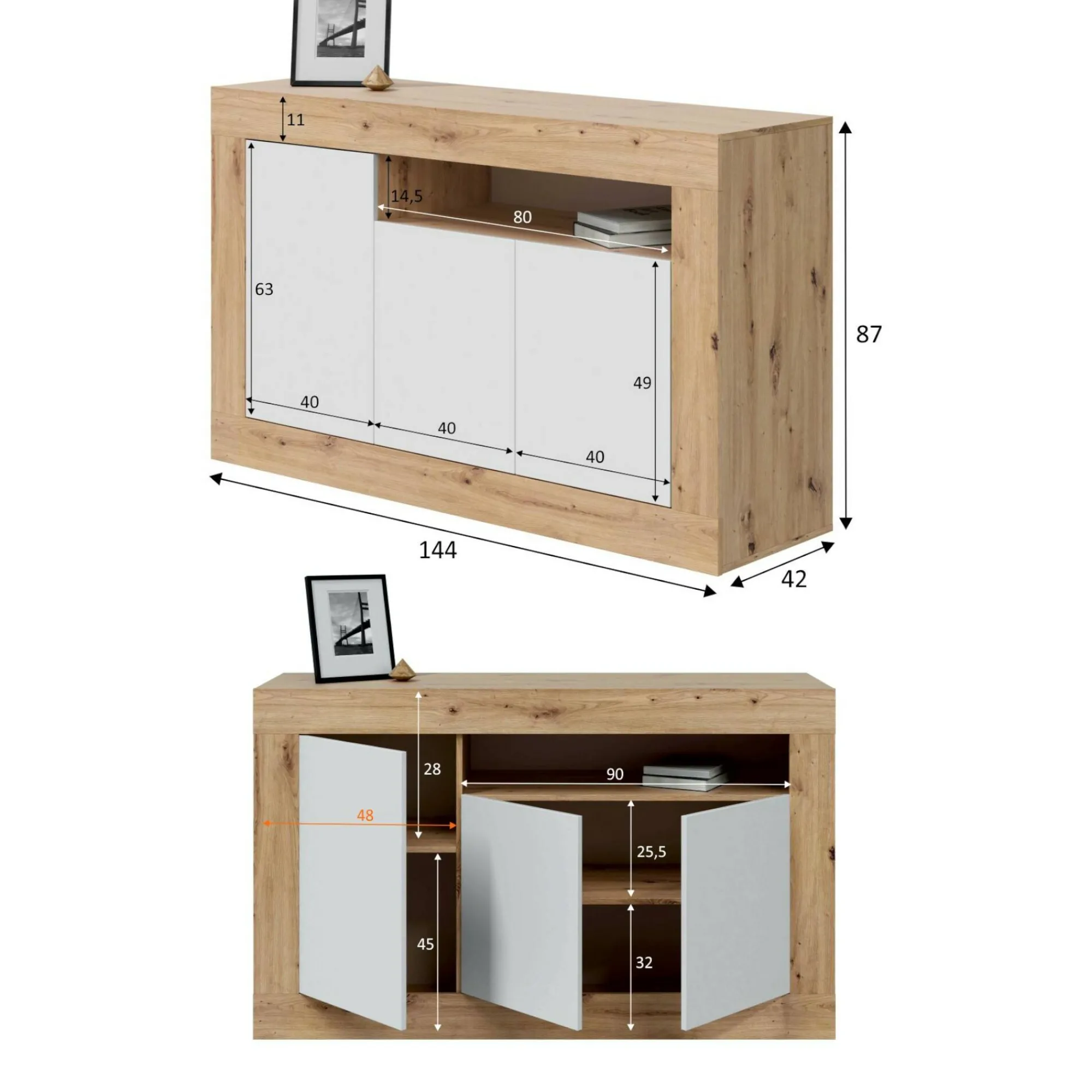 Credenza Ilizia, 144x42h87 cm, Rovere nodi e Bianco<Dmora Online
