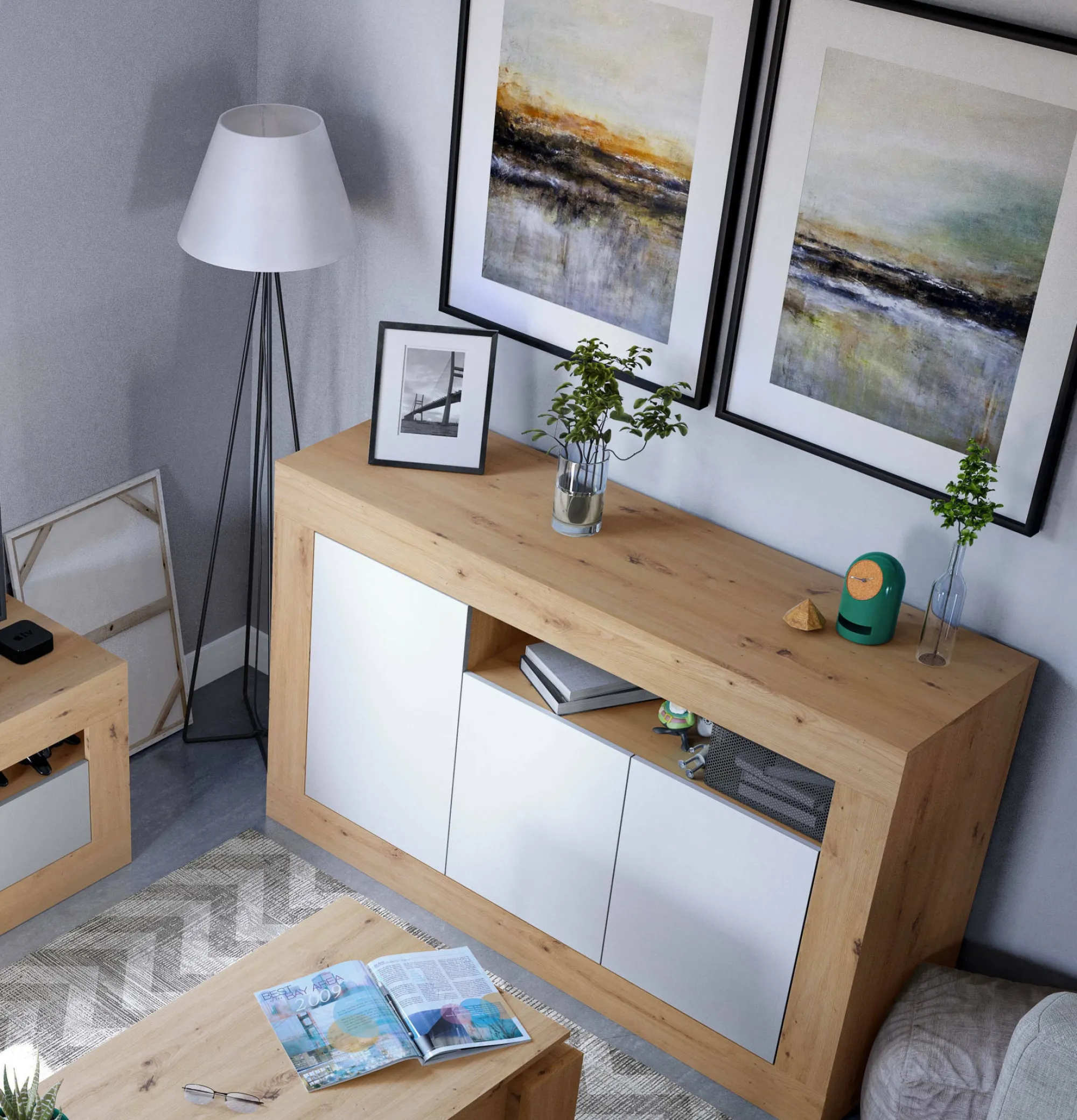 Credenza Ilizia, 144x42h87 cm, Rovere nodi e Bianco<Dmora Online