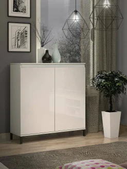 Credenza Iwao, 100x40h110 cm, Bianco lucido e Antracite<Dmora Best Sale