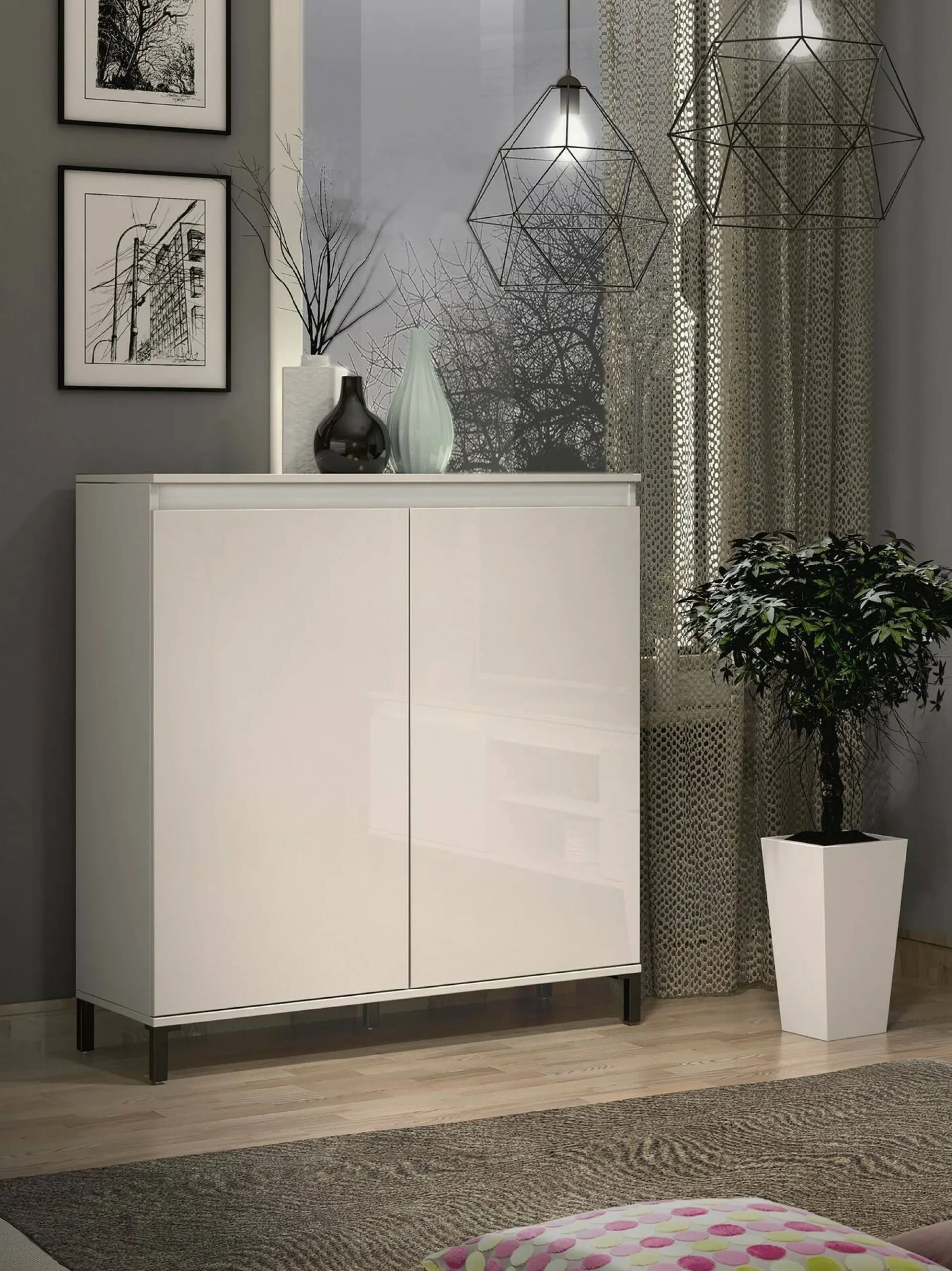 Credenza Iwao, 100x40h110 cm, Bianco lucido e Antracite<Dmora Best Sale