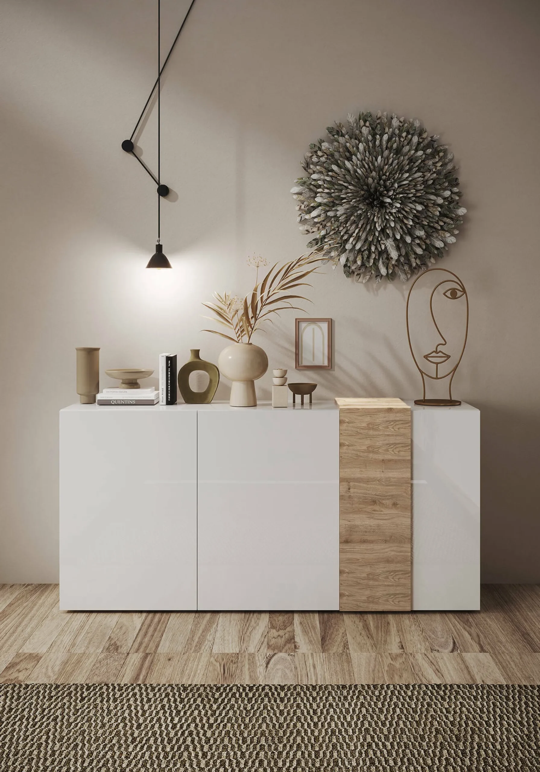 Credenza Jerry, 181x44 h86 cm, Rovere Nodi e Bianco lucido<Dmora New