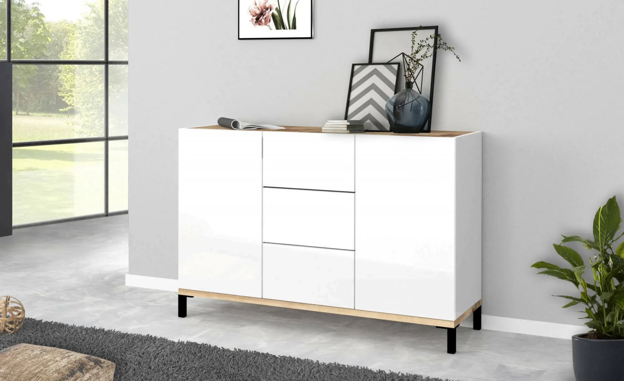 Credenza Jessie, cm 120x40h80, Bianco lucido e Acero<Dmora Best Sale