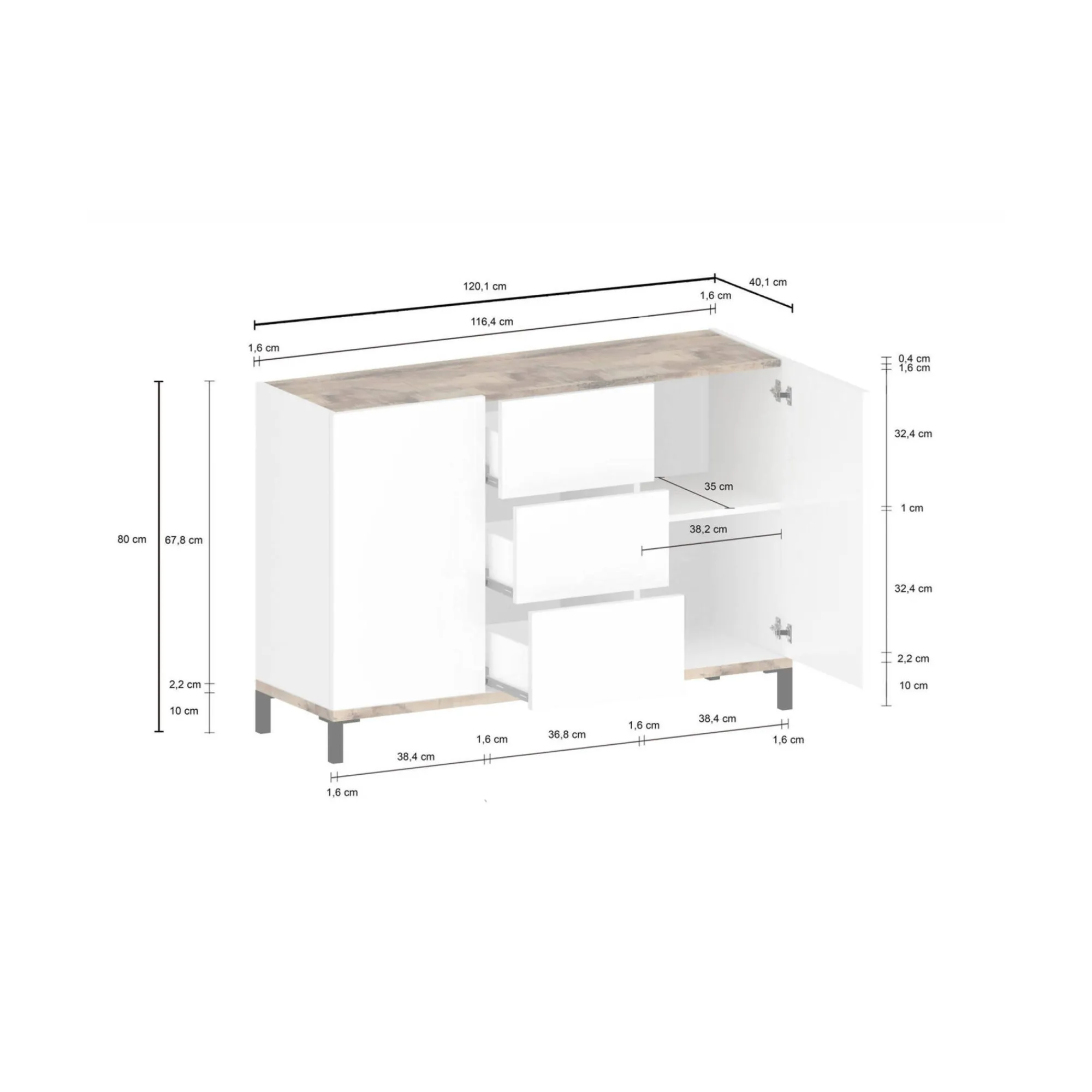 Credenza Jessie, cm 120x40h80, Bianco lucido e Acero<Dmora Best Sale