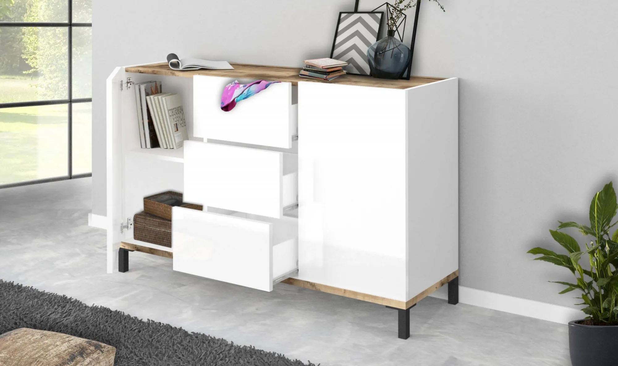 Credenza Jessie, cm 120x40h80, Bianco lucido e Acero<Dmora Best Sale