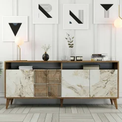 Credenza Jole, 180x35h79 cm, Noce e Bianco Marmo<Dmora Best