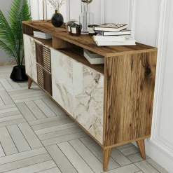 Credenza Jole, 180x35h79 cm, Noce e Bianco Marmo<Dmora Best