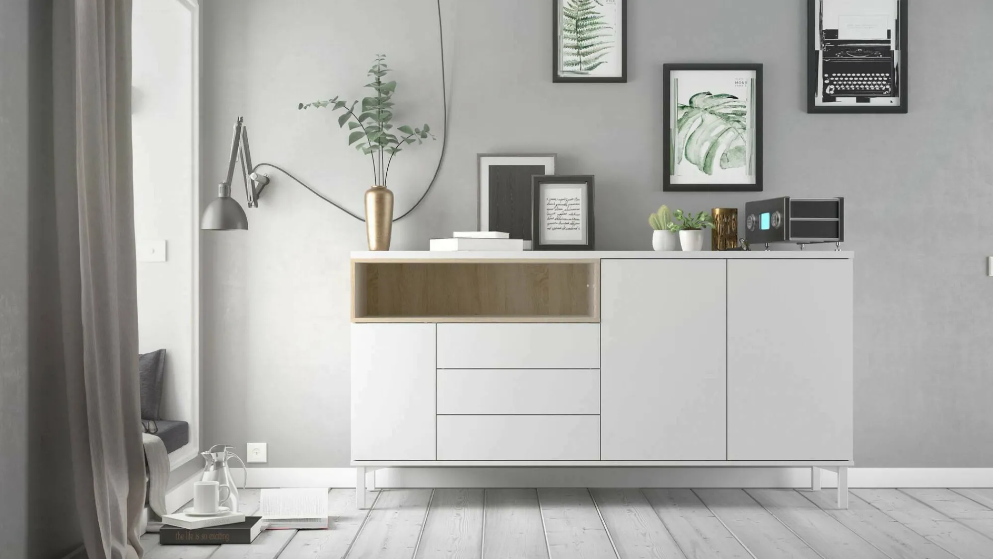Credenza Julie, 48x176 h90 cm, Bianco e Quercia<Dmora Outlet
