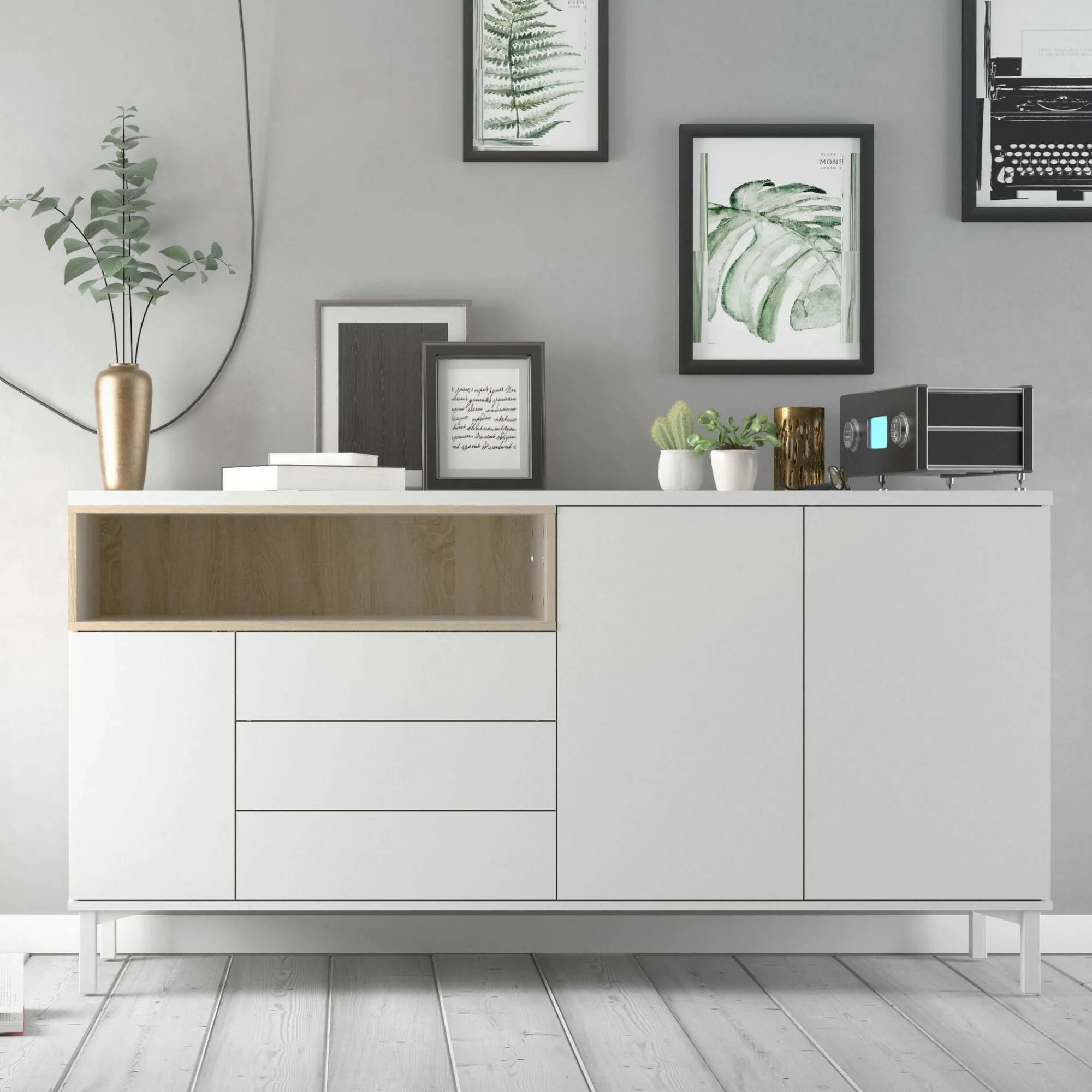 Credenza Julie, 48x176 h90 cm, Bianco e Quercia<Dmora Outlet