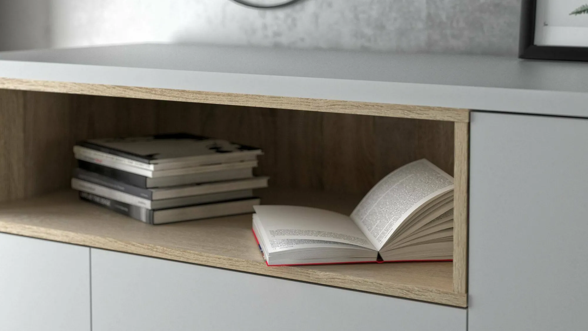 Credenza Julie, 48x176 h90 cm, Bianco e Quercia<Dmora Outlet