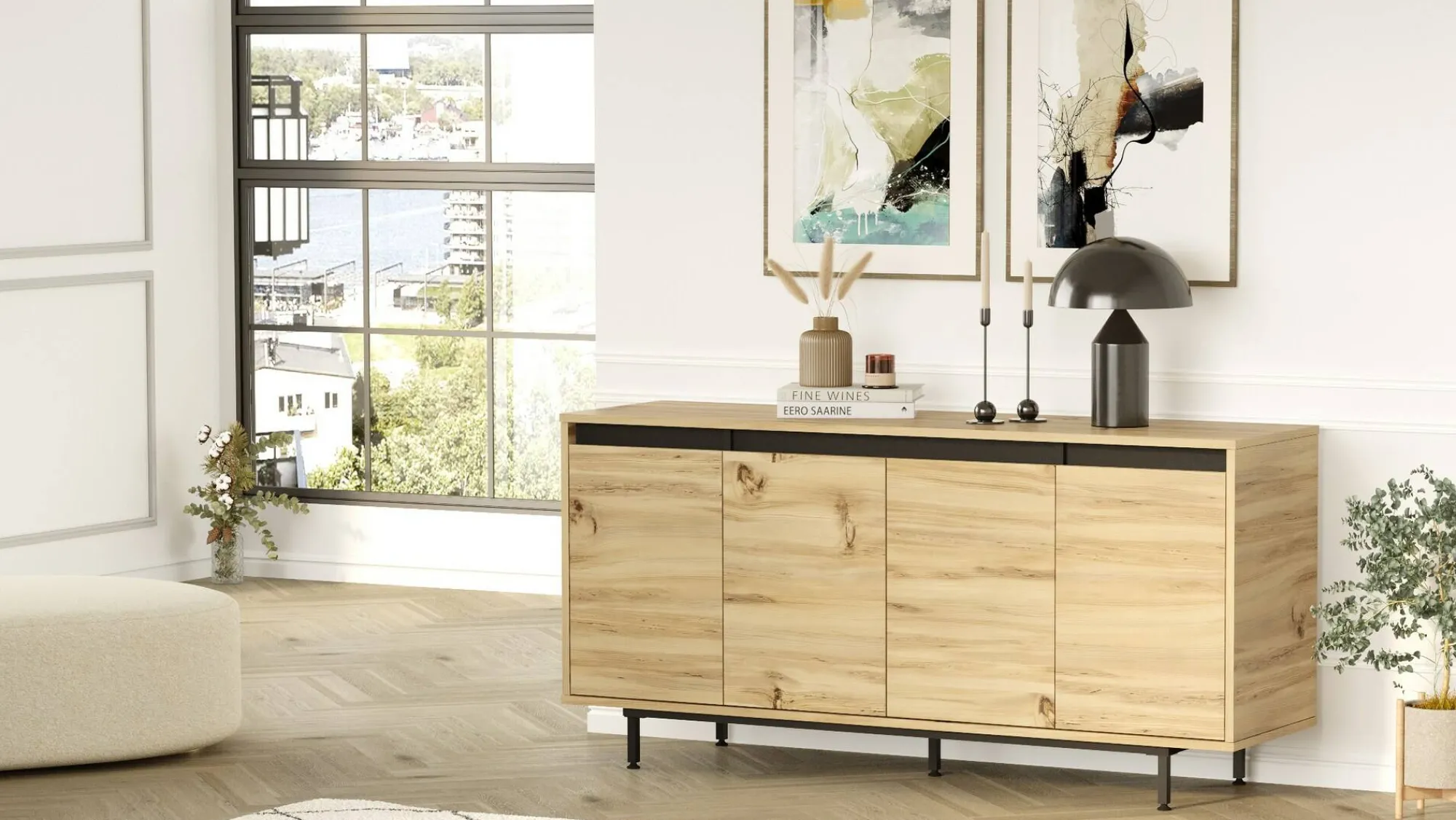 Credenza Kay, 160x45 h76 cm, Quercia e Nero<Dmora New