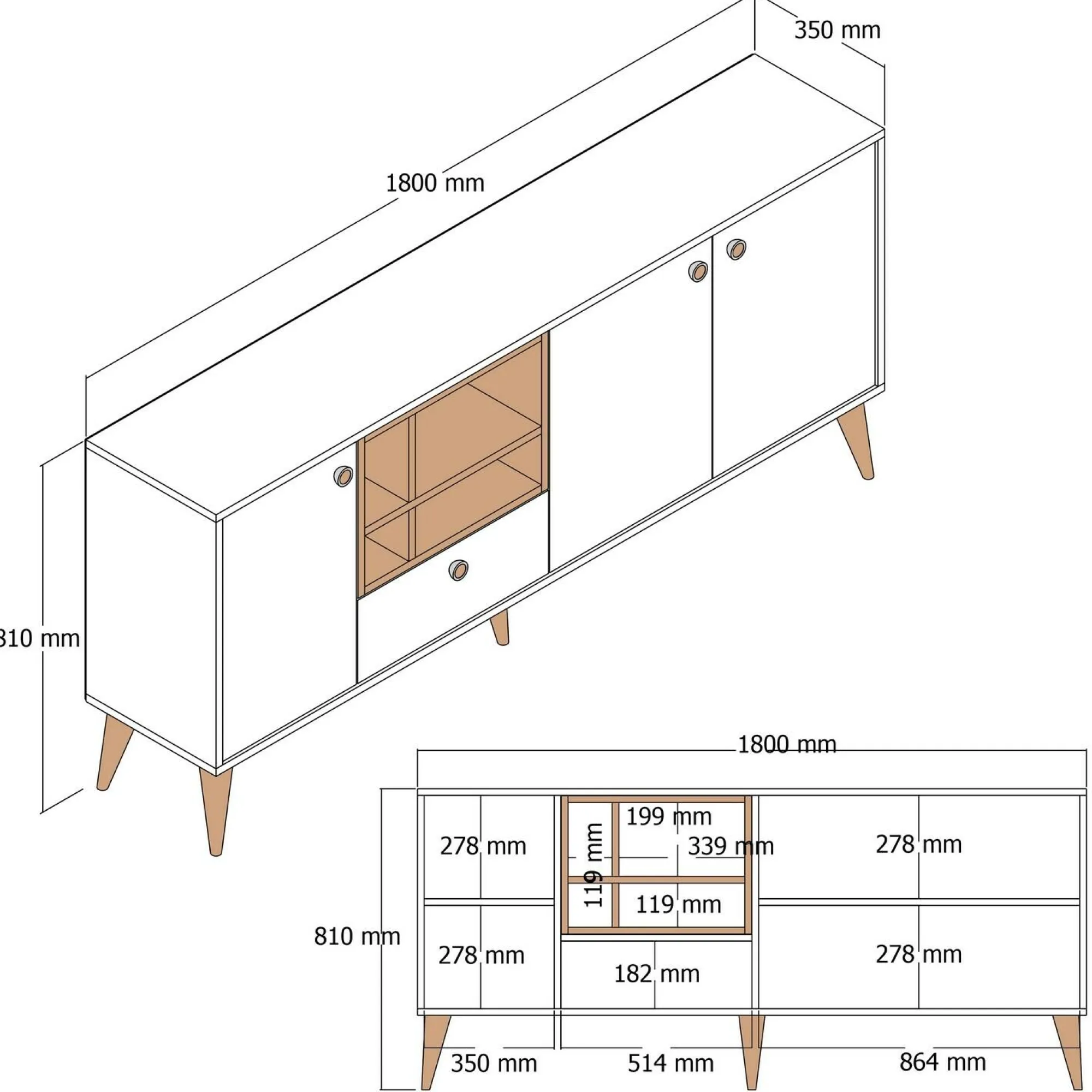 Credenza Lucertola, 180x35 h81 cm,<Dmora New
