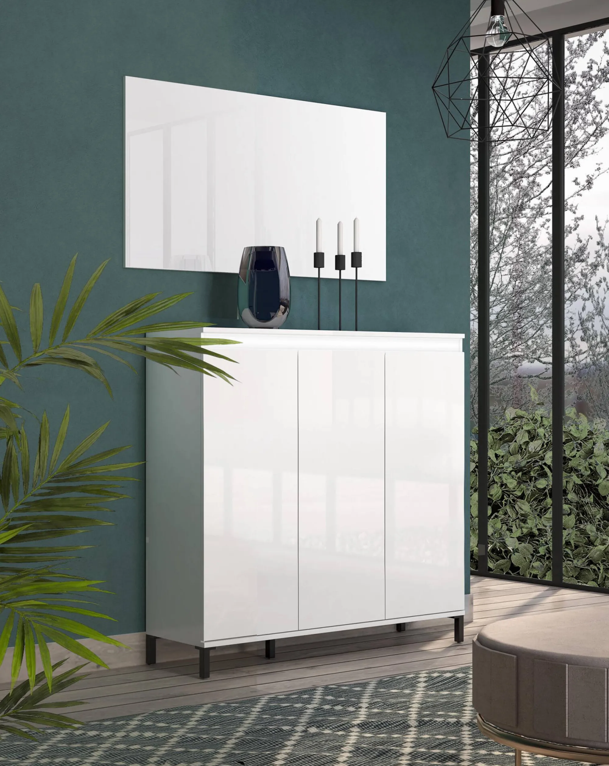Credenza Miriana, 138x40h110 cm, Bianco lucido e Antracite<Dmora Store
