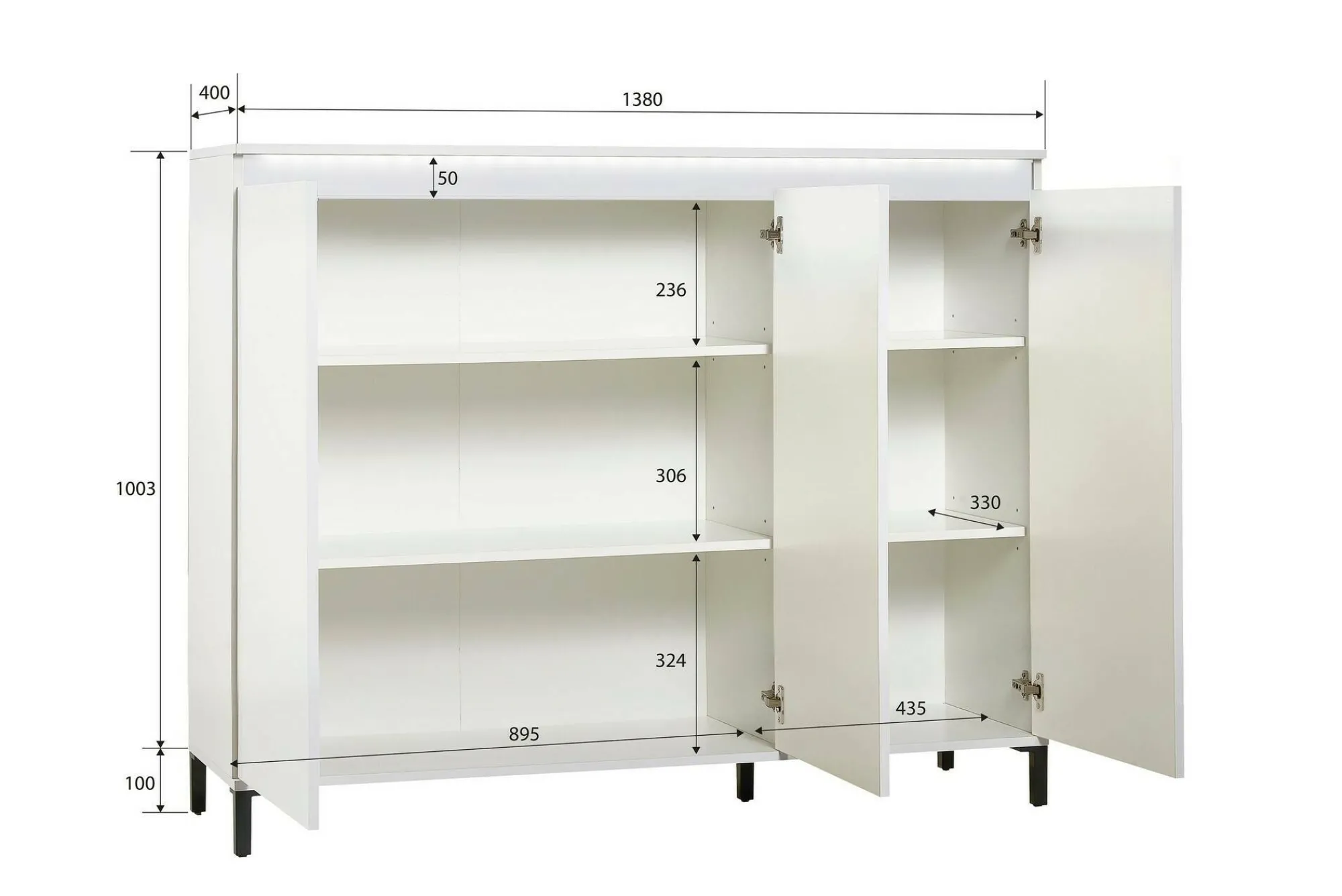 Credenza Miriana, 138x40h110 cm, Bianco lucido e Antracite<Dmora Store