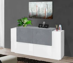 Credenza Muscari, cm 160x45h86, Bianco lucido e Cemento<Dmora Cheap