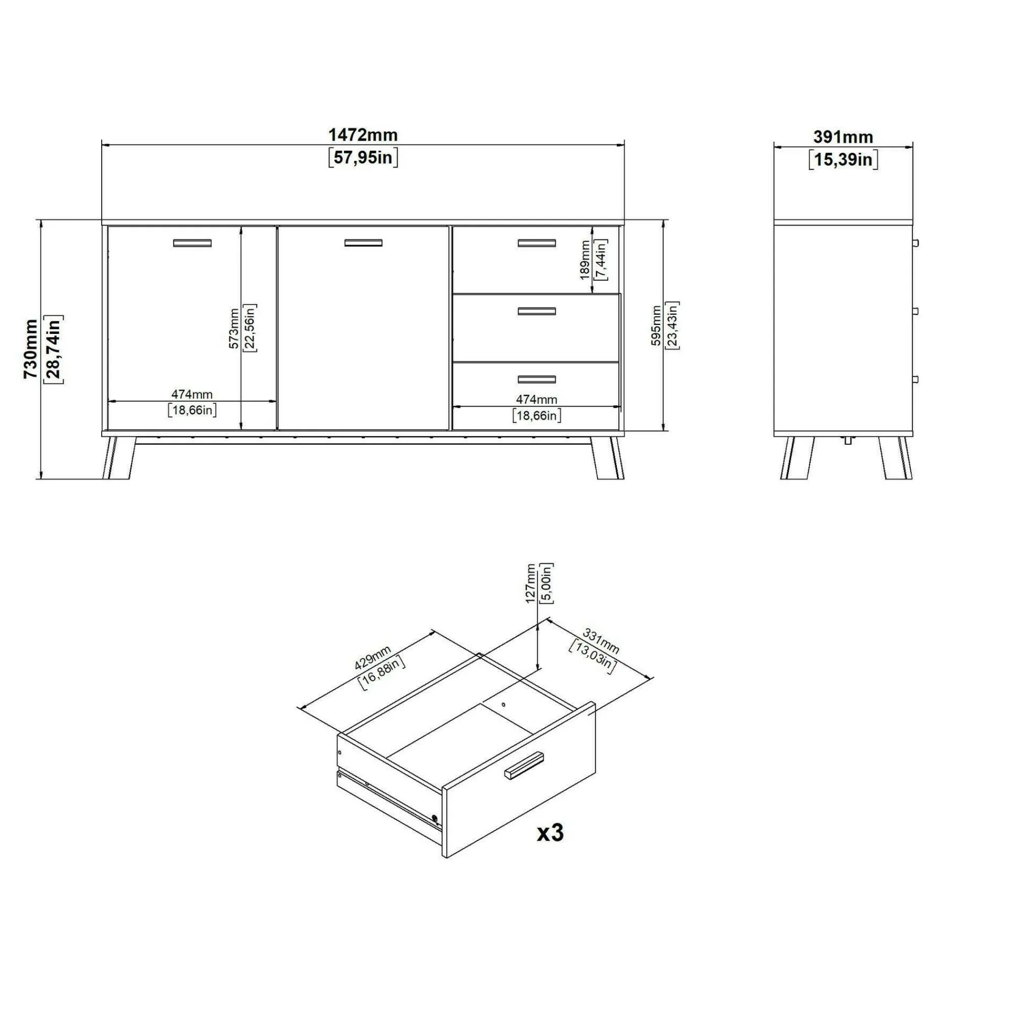 Credenza Pepito, 39x147 h73 cm, Rovere e Bianco<Dmora Outlet