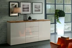 Credenza Satriano, 180x43h89 cm, Bianco lucido e Rovere<Dmora Online