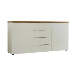 Credenza Satriano, 180x43h89 cm, Bianco lucido e Rovere<Dmora Online