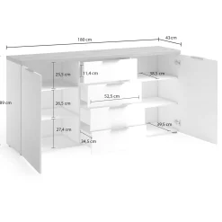 Credenza Satriano, 180x43h89 cm, Bianco lucido e Rovere<Dmora Online
