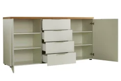 Credenza Satriano, 180x43h89 cm, Bianco lucido e Rovere<Dmora Online