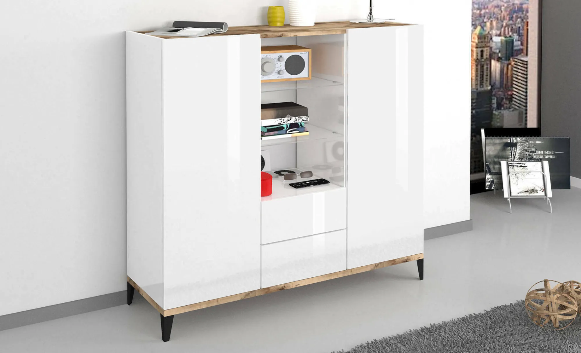 Credenza Scirocco, cm 120x40h133, Bianco lucido e Acero<Dmora Clearance
