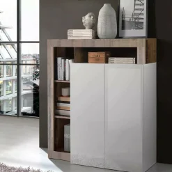 Credenza Smeraldo, 108x42 h127 cm, Bianco lucido e Acacia<Dmora Flash Sale