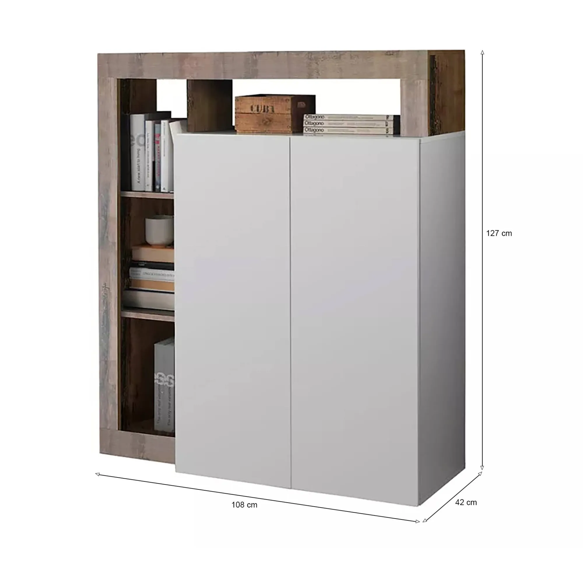 Credenza Smeraldo, 108x42 h127 cm, Bianco lucido e Acacia<Dmora Flash Sale