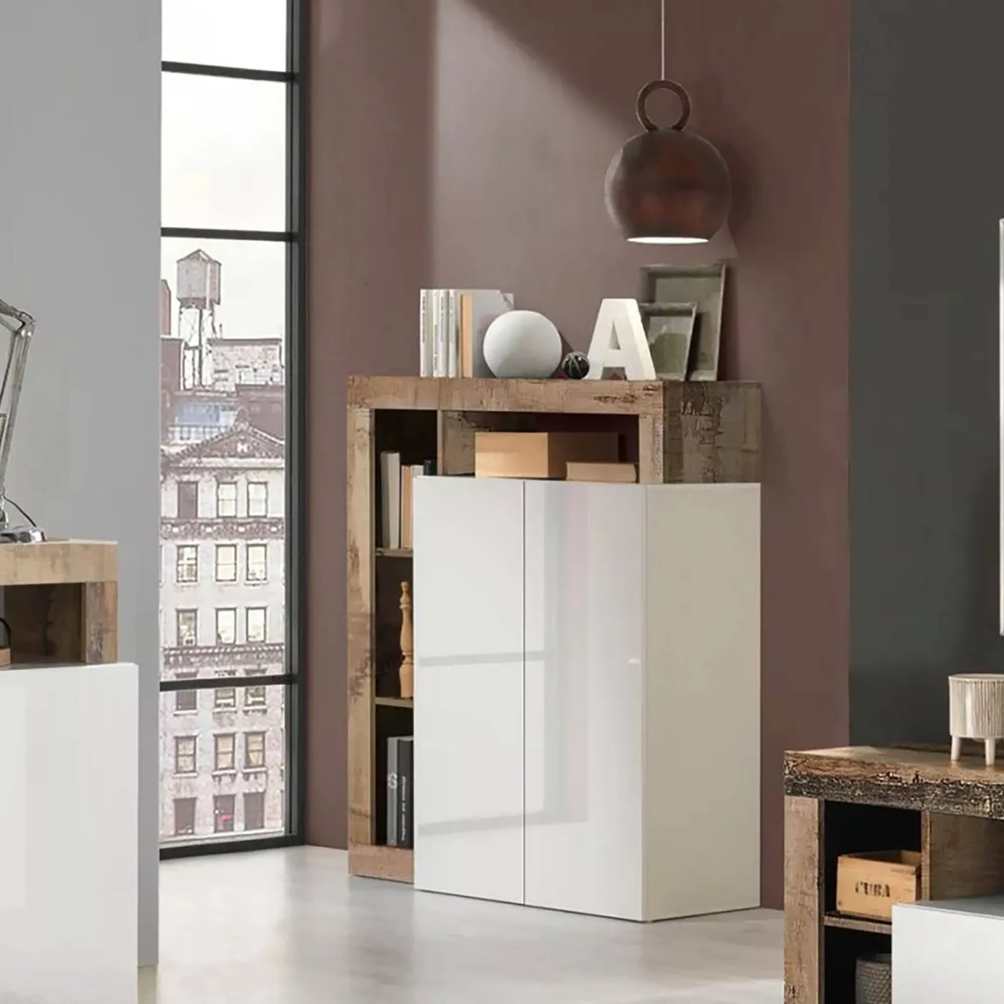 Credenza Smeraldo, 108x42 h127 cm, Bianco lucido e Acacia<Dmora Flash Sale
