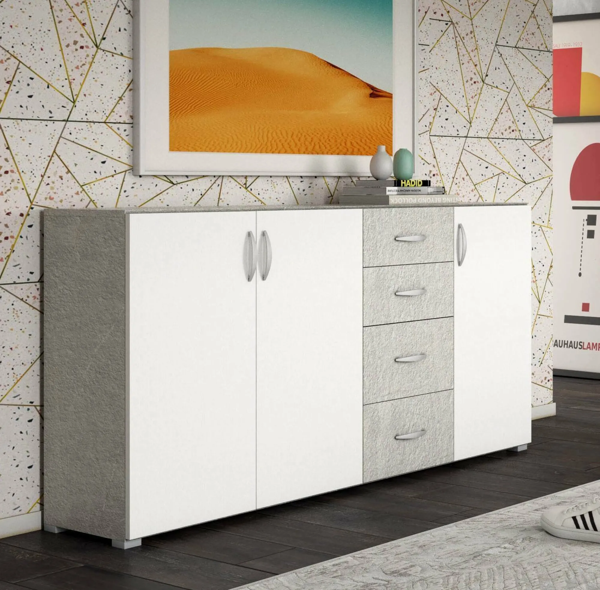 Credenza Talas, 160x35h83 cm, Bianco e Cemento<Dmora Best Sale