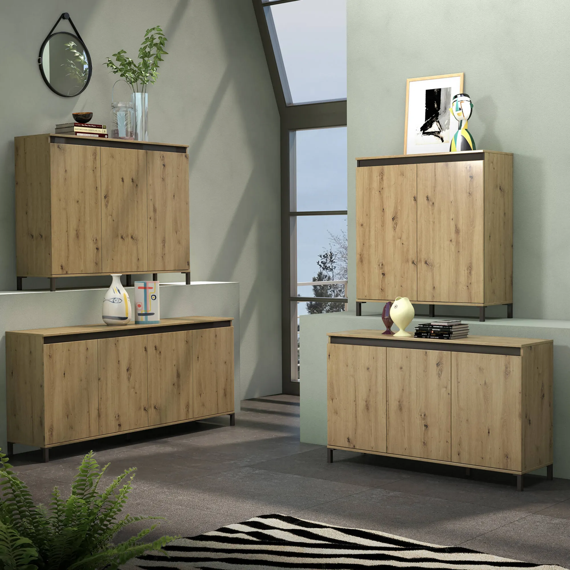 Credenza Tokyo, 100x40h110 cm, Bianco lucido e Antracite<Dmora Shop