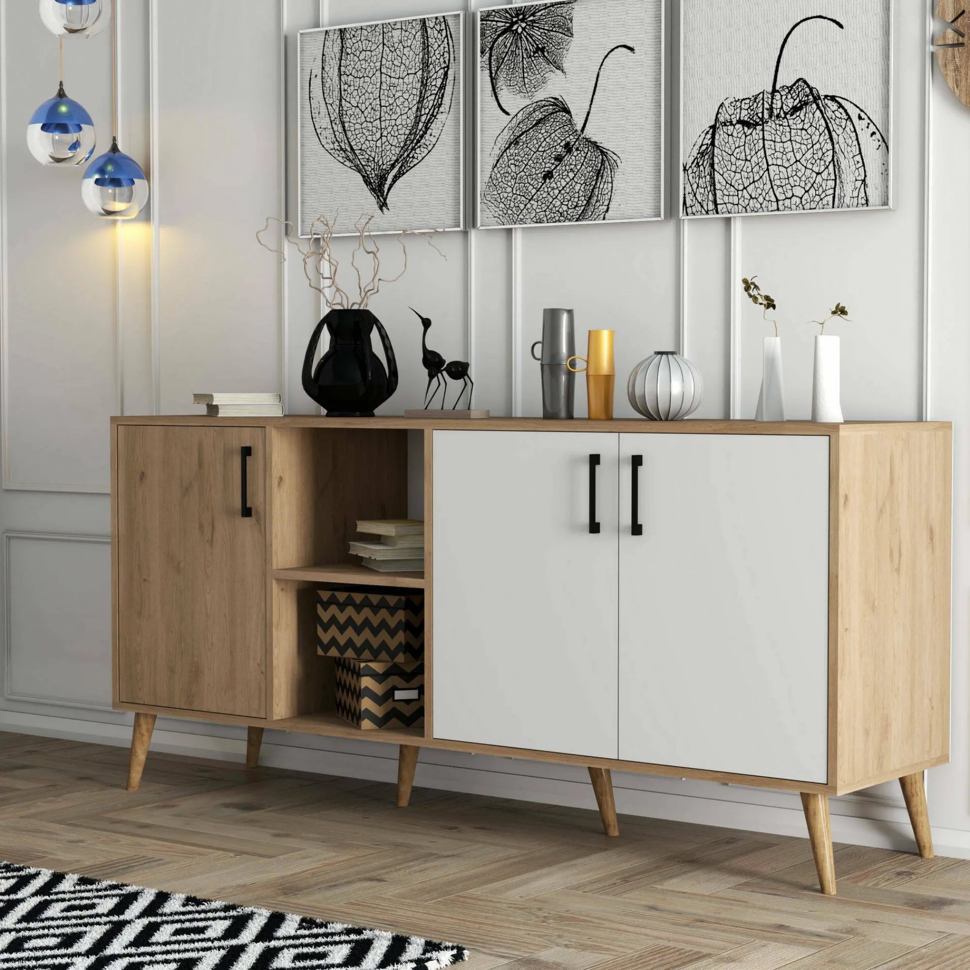 Credenza Vardah, 180x45 h80 cm, Quercia e Bianco<Dmora Best