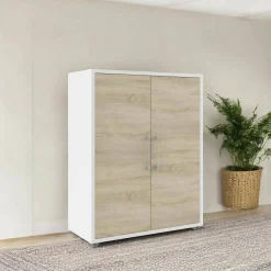 Credenza Warszawa, 89x40 h113 cm, Bianco e Quercia<Dmora Shop