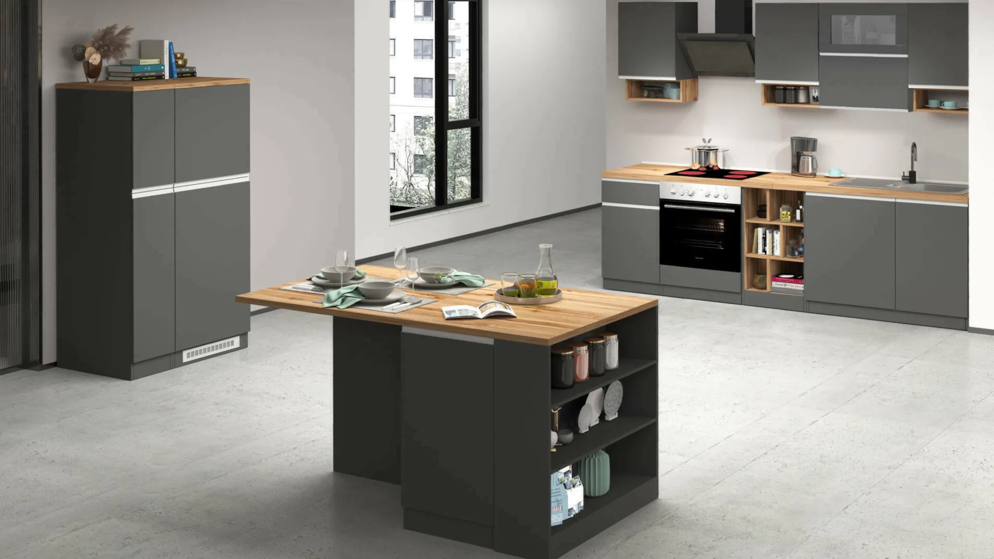 Cucina completa Appiah, 100% Made in Italy, Antracite e Rovere<Dmora Best Sale