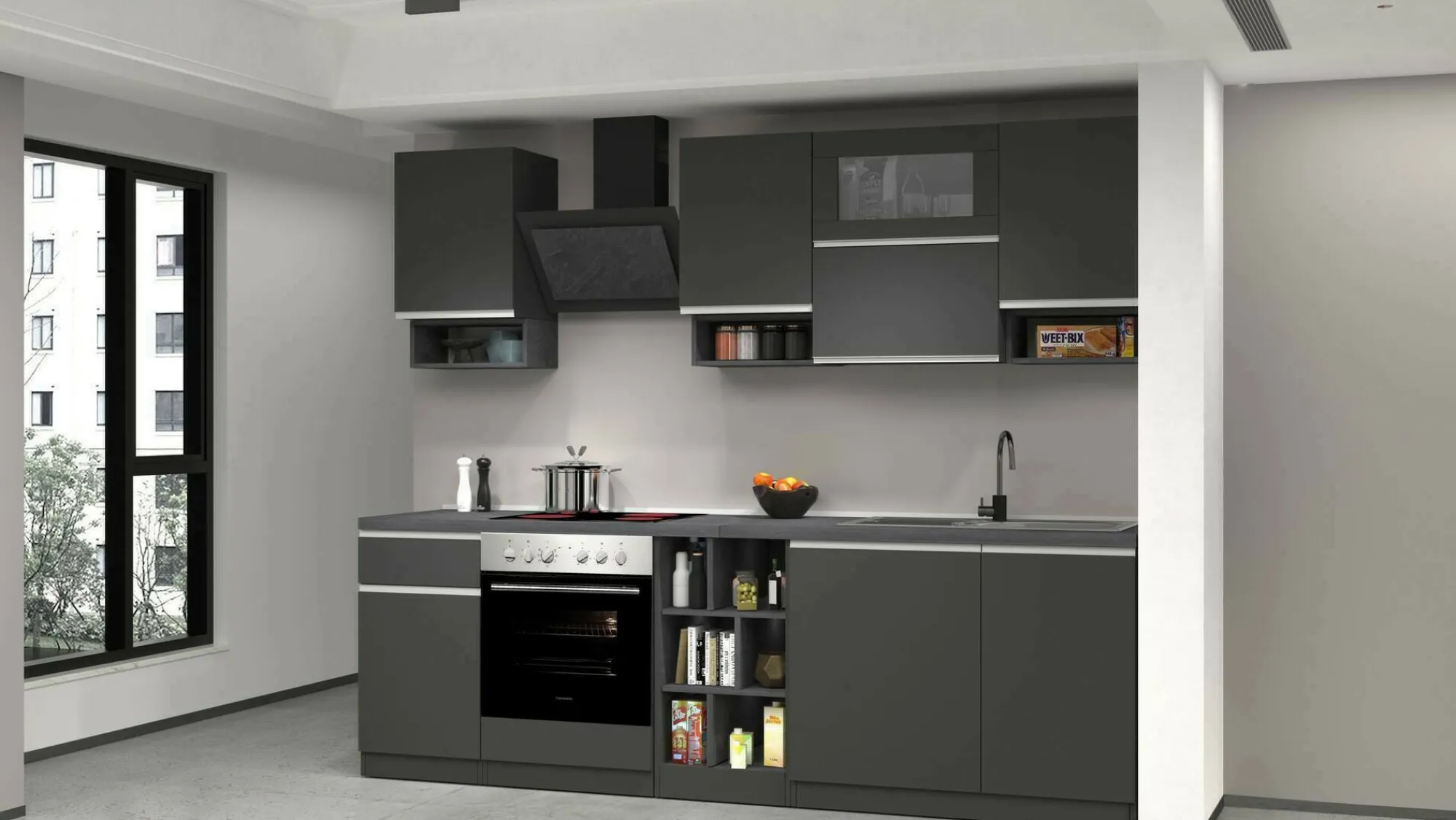 Cucina completa Attiko, 255x60h85 cm, Antracite e Ardesia<Dmora Fashion