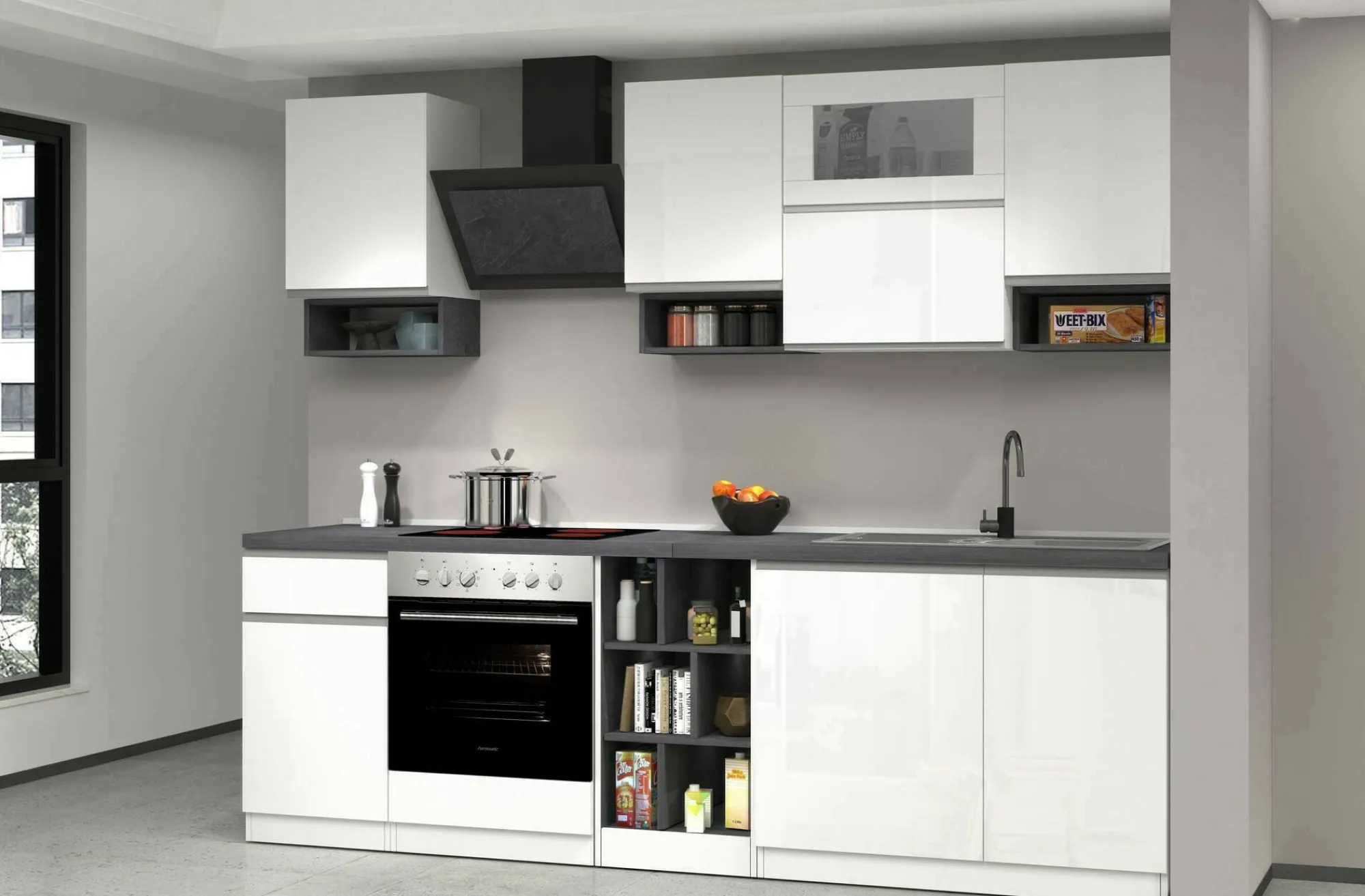 Cucina completa Attiko, 255x60h85 cm, Bianco lucido e Ardesia<Dmora Best Sale